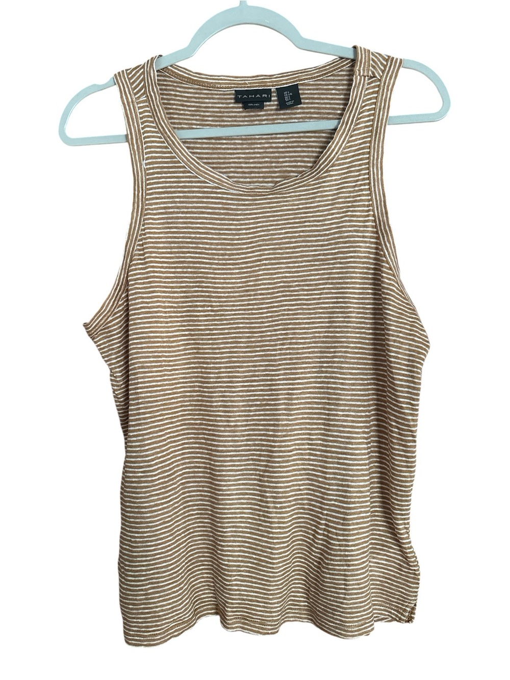 Tahari 100% Linen Striped Tank Top in Brown and White Large
